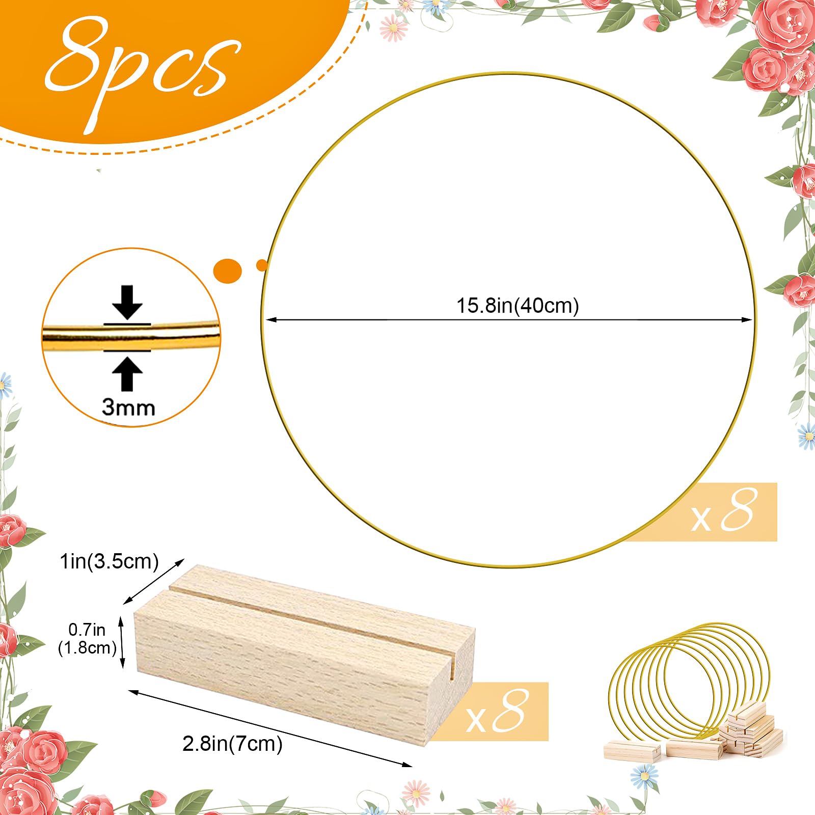 8 anillos de metal para manualidades, 40 cm, centros de mesa, anillos de macramé con soporte para tarjetas de madera, manualidades, atrapasueños para decoración de corona de boda y colgante de