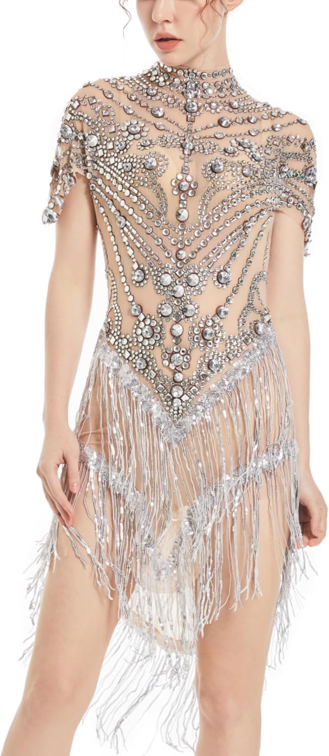 Latin Jazz Fringe Crystals Dress for Women Sparkly Short Sleeve Mesh See Through Singer Dancer Birthday Party Drag Queen Costume