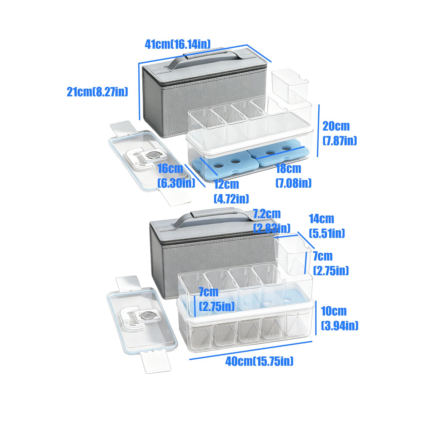 Juego de cajas de almacenamiento de alimentos para refrigerador del hogar con divisores transparentes, bolsa de transporte e insertos de enfriamiento para preparar almuerzo y clasificar la bolsa