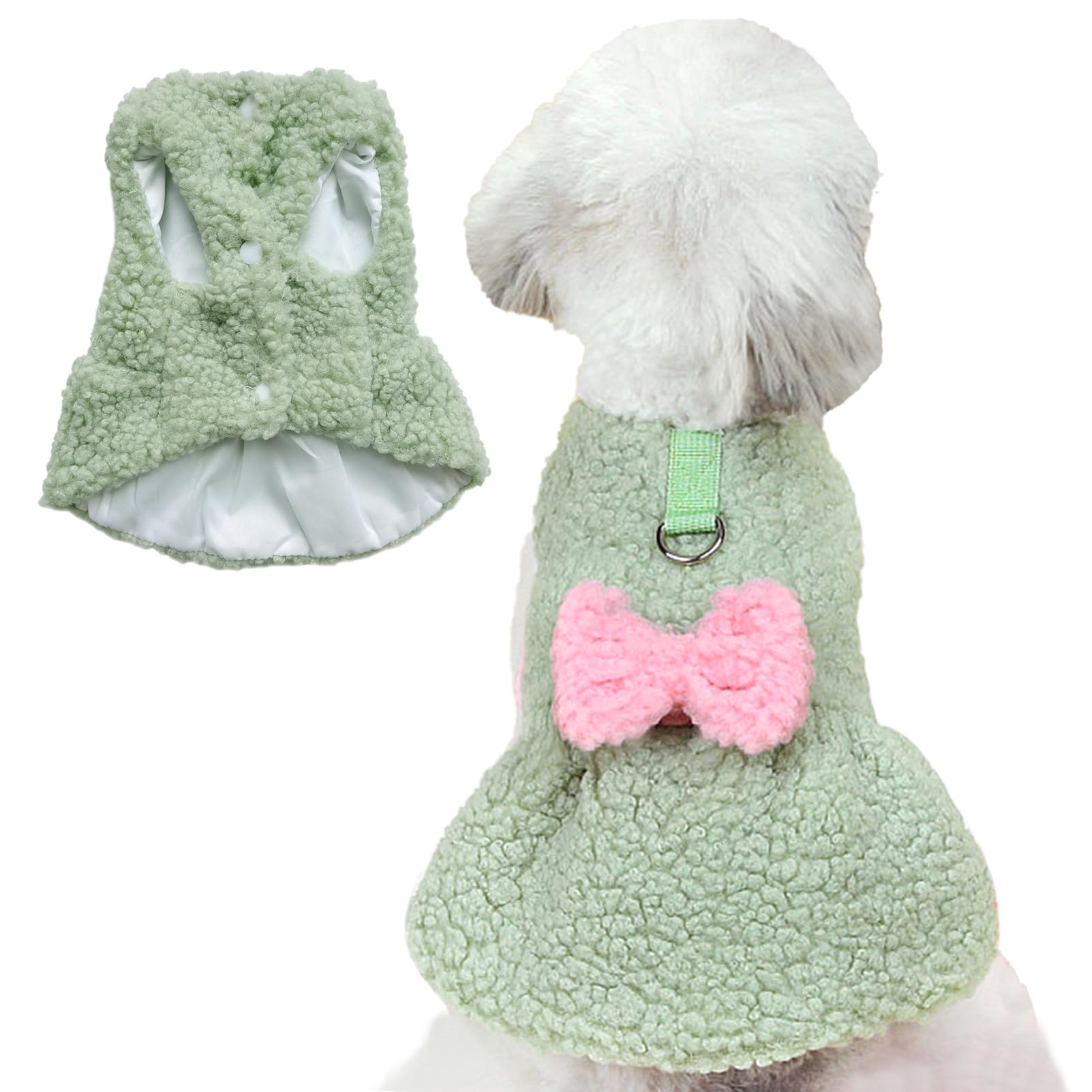 Jecikelon Dog Sweater Dress with Bow Tie Winter Warm Puppy Clothes for Small Dogs D-Ring Pet Clothing Suéter para Perros (Green, X-Large)