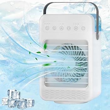 Trovono Portable Air Conditioner Fan,Mini Personal Air Cooler with 4 Wind Speed,2/4/6H Timer,600ML Tank,Rainbow LED Light,120°Oscillating Cooling Fan,2 Spray,Low Noise,Desktop Office, Home, Bedroom