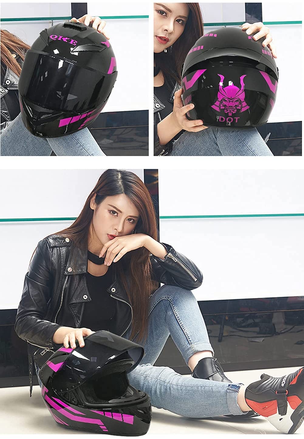 Casco integrale da moto con 3 opzioni di lenti Caschi da scooter DOT Casco da moto turistico Caschi da crash per uomini e donne Pendolarismo quotidiano (strisce nero-rosa)