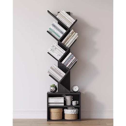 SUNMORY 6 Tier Tree Bookshelf, Small Bookcase with Storage Cabinet, Modern Narrow Bookshelves Organizer, Floor Standing Book Shelf for Bedroom/Living Room/Home Office/Corner, Black