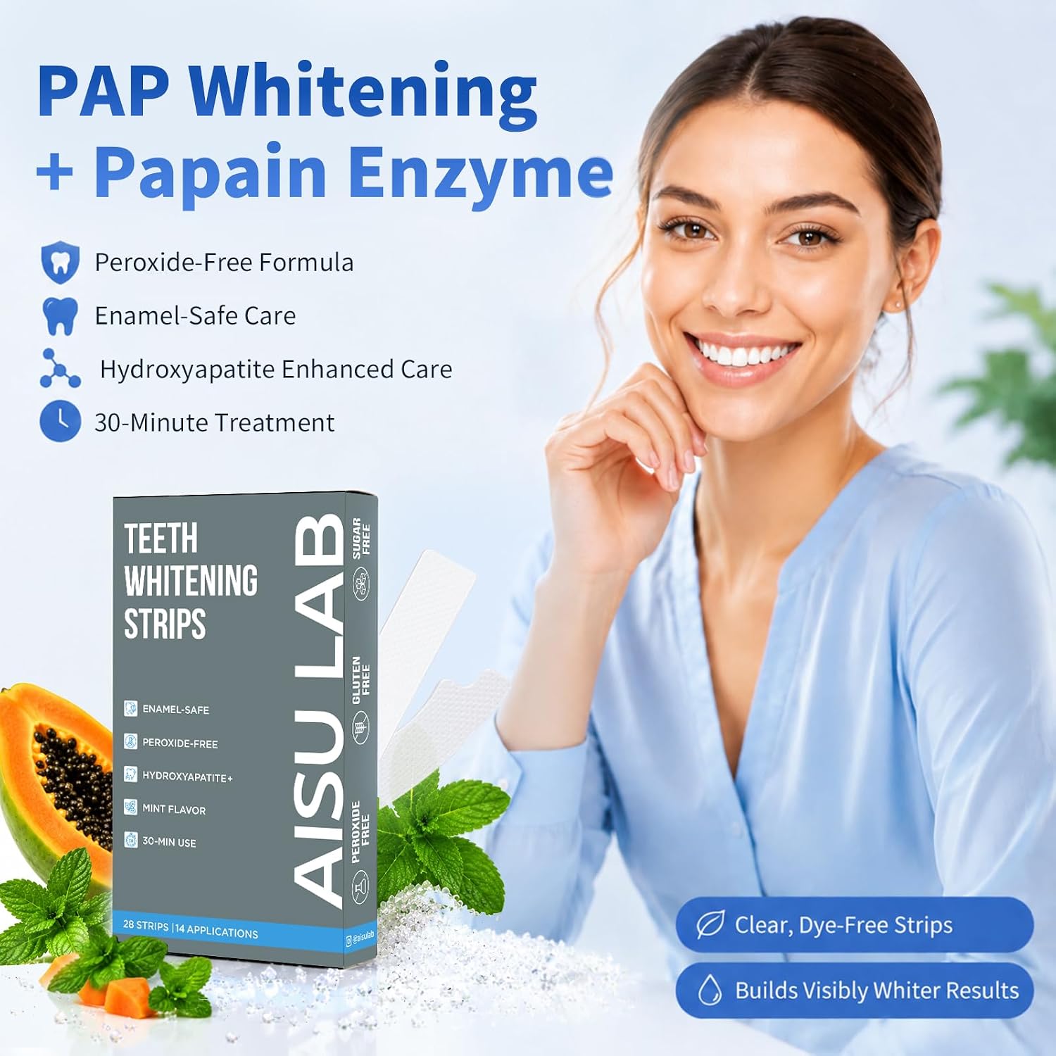 Teeth Whitening Strips, Peroxide-Free, Enamel-Safe Hydroxyapatite, Sensitive Teeth, Mint Flavor, 30-Min At-Home Whitening Kit, Stain Removal, Travel-Friendly, 14 uses