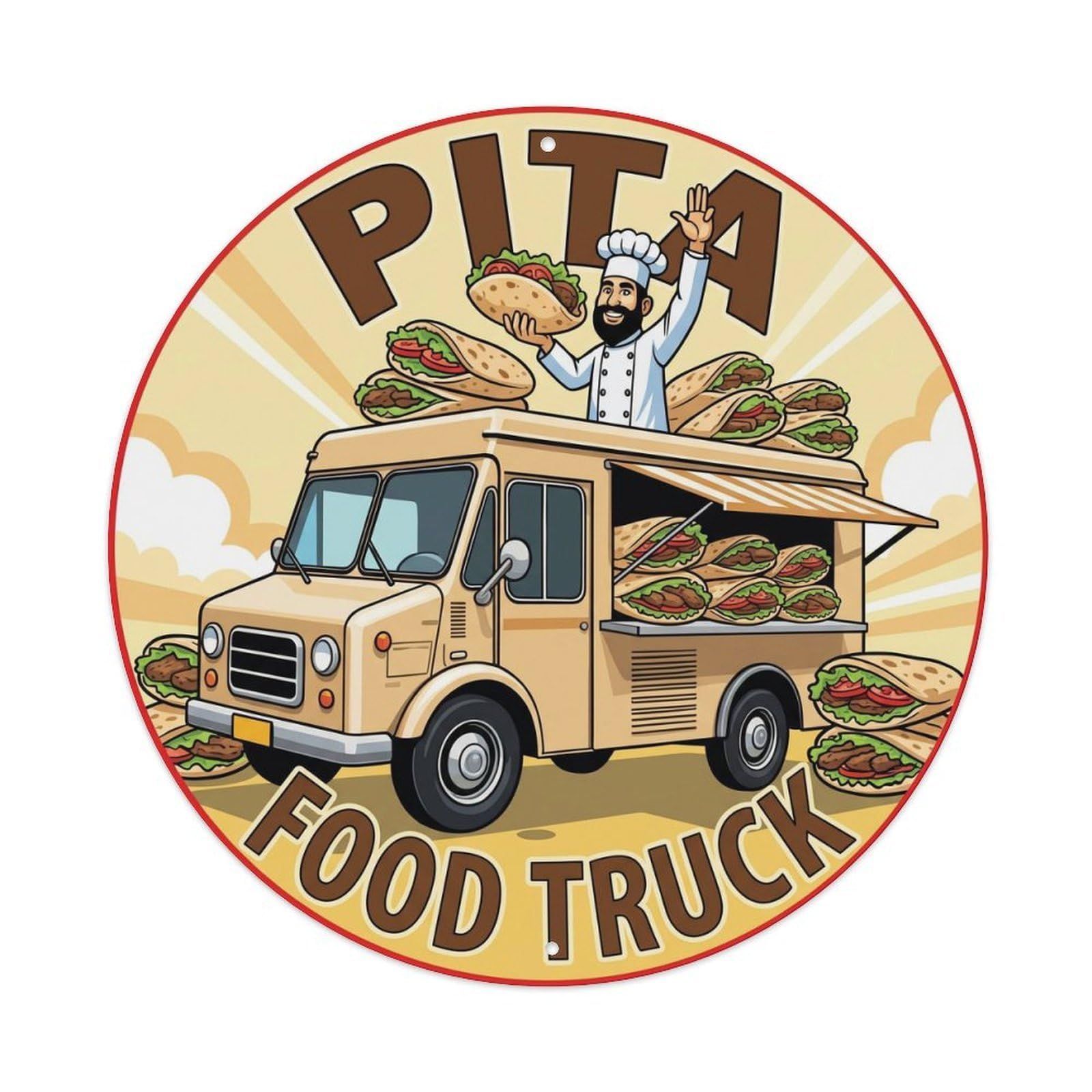 Greece Pita Food Truck Mobile Catering Illustration Metal Tin Sign