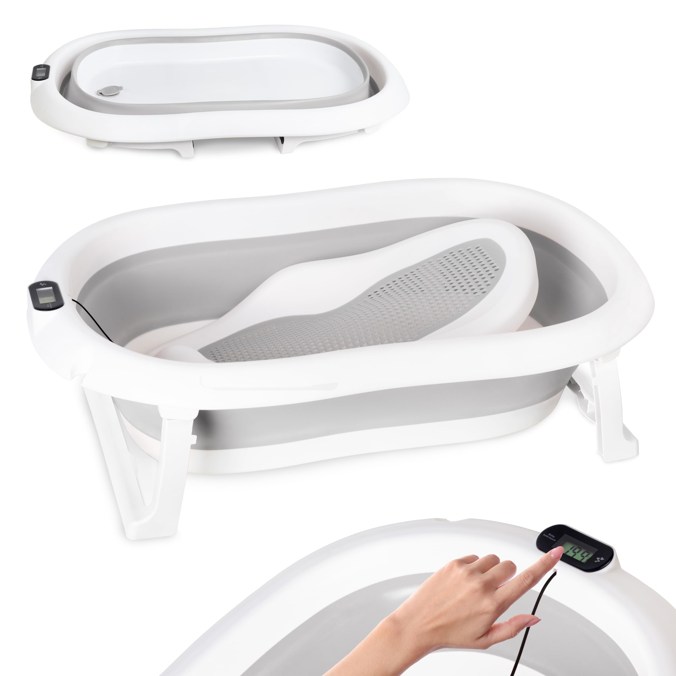 Baby Badewanne 80cm - Babybadewanne Faltbar Grau 0-36 Monate | mit Thermometer und Badesitz Baby Bathtub für Kinder Kinderbadewanne Tragbare