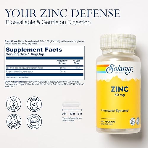 Miniatura 2 de Solaray Zinc 50 mg de quelato de aminoácidos con semillas de calabaza apoyo inmunológico y celular biodisponible 100 cápsulas vegetales