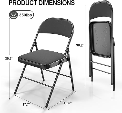 Miniatura 3 de VINGLI Paquete de 6 sillas plegables con asientos acolchados, marco de metal con asiento y respaldo de tela, capacidad de 350 libras, color negro,
