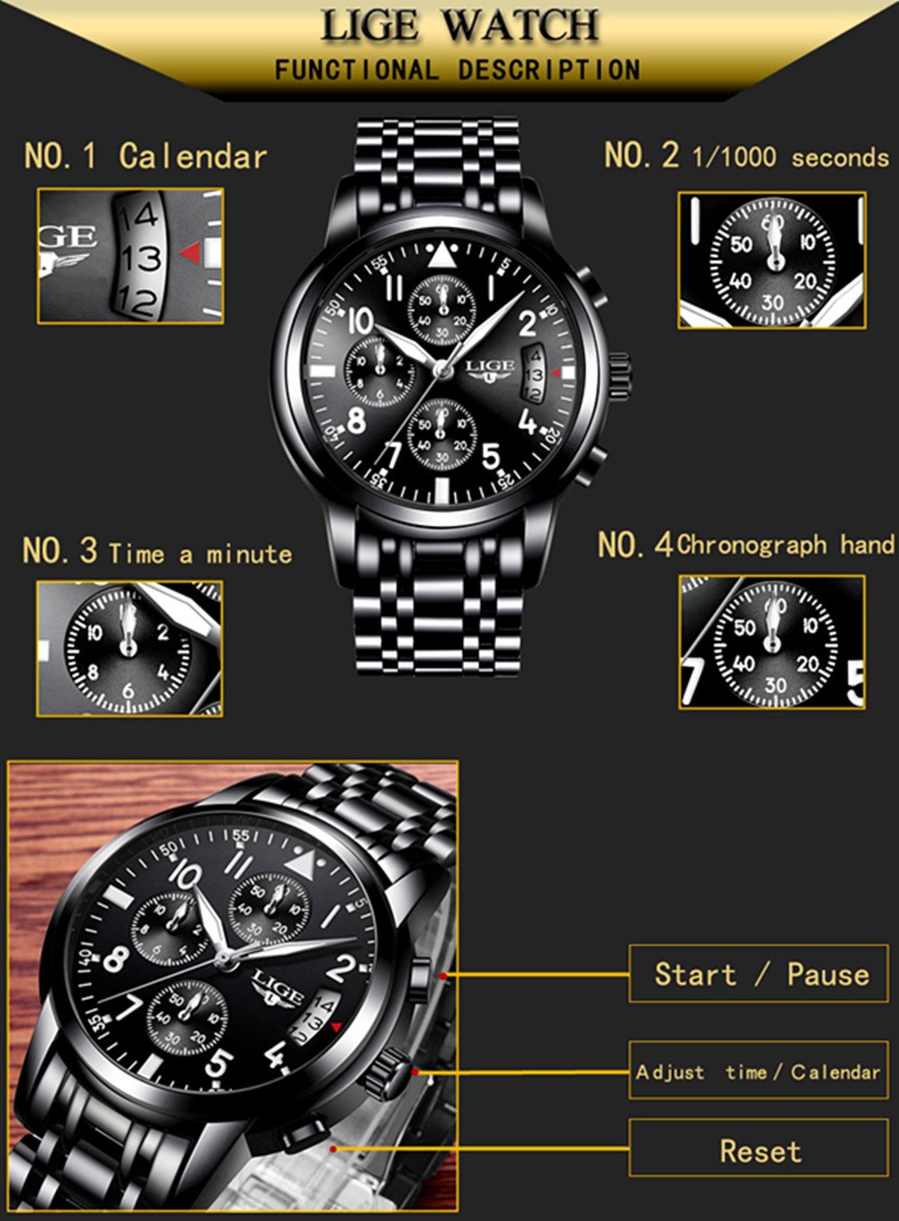 Lige9825 Mens Watches Stainless Steel Quartz Watch Noctilucent