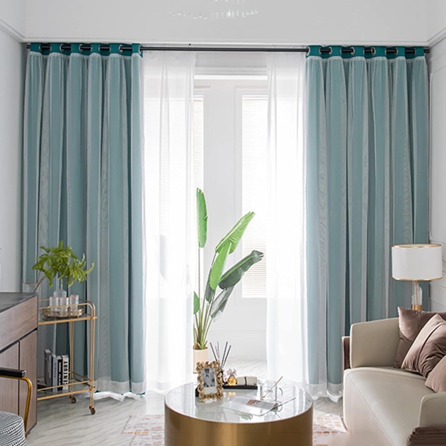 Cortinas opacas dobles verdes con encaje blanco para salón y dormitorio de 200x270 cm