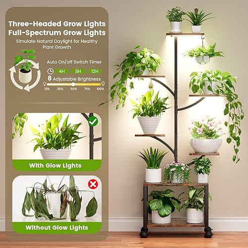 Miniatura 2 de Soporte para plantas de interior con luces de cultivo y ruedas, estante de esquina móvil de 7 niveles de 60 pulgadas de alto para plantas de