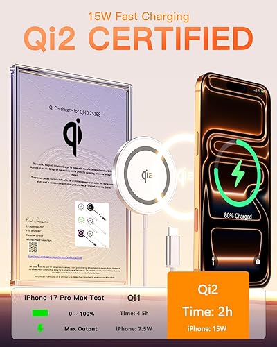 Vista 2 de para Cargador Mag-Safe Paquete de 2, Cargador Inalámbrico Magnético de 15W Certificado Qi2, Almohadilla de Carga Rápida para iPhone 17 16 15 14 13
