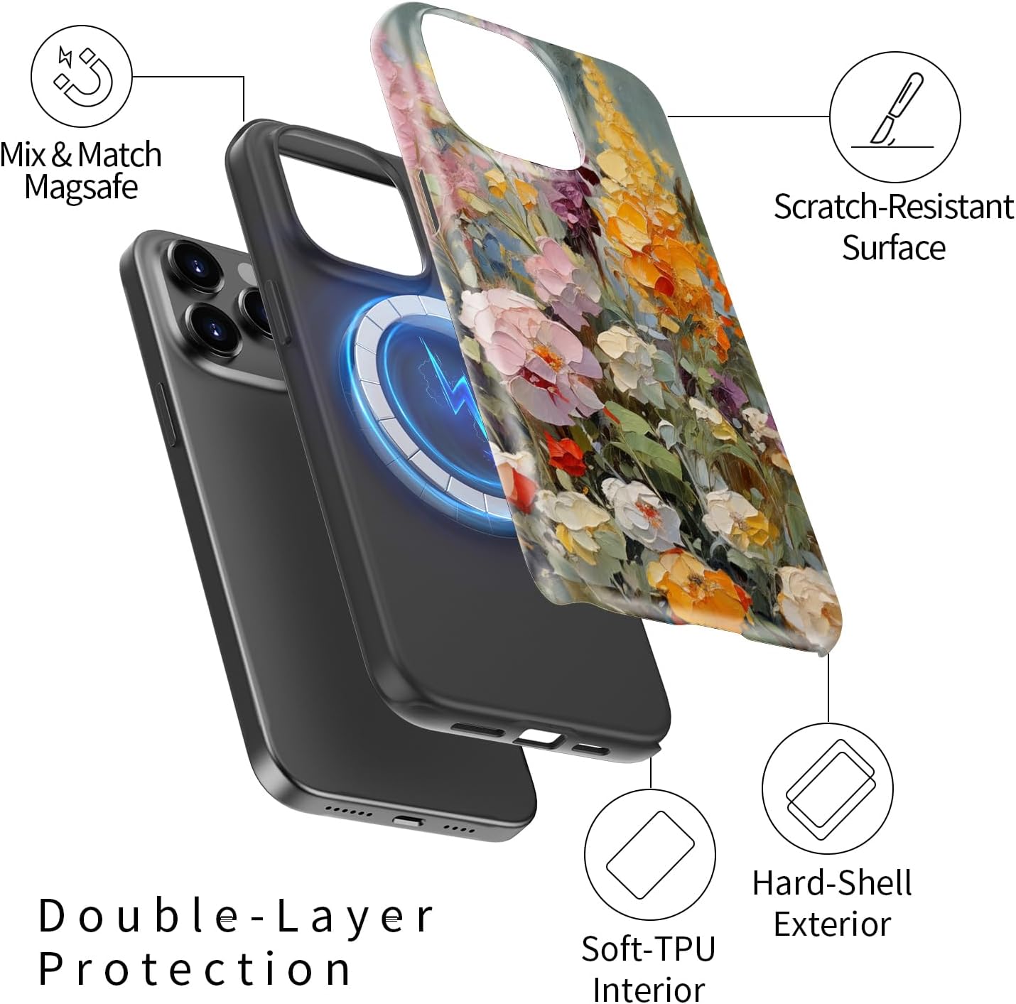 luhouri for iphone 15 pro max case,wireless charging compatible,dual-layer - soft silicone inner + hard outer shell,cute wildflower design,protective phone cover for women - oil painting flowers oil painting flowers iphone 15 pro max