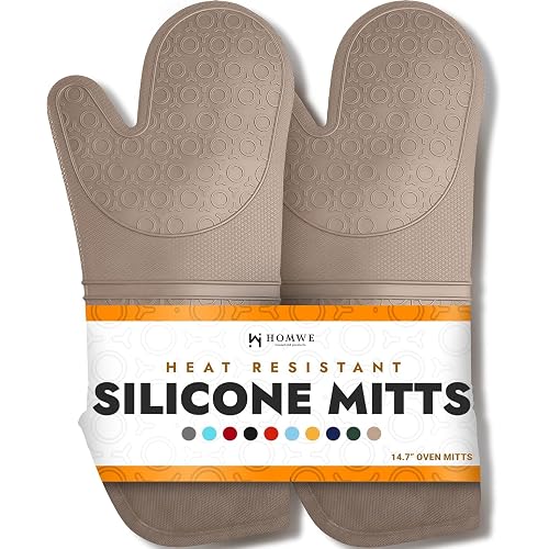 BPA-Free Silicone Oven Mitts Ultra Heat Resistant up to 500°F - Oven Mitts with Thick Cotton Liner - Long Slip Resistant Pot Holders, Flexible Oven Gloves - Beige 14.7