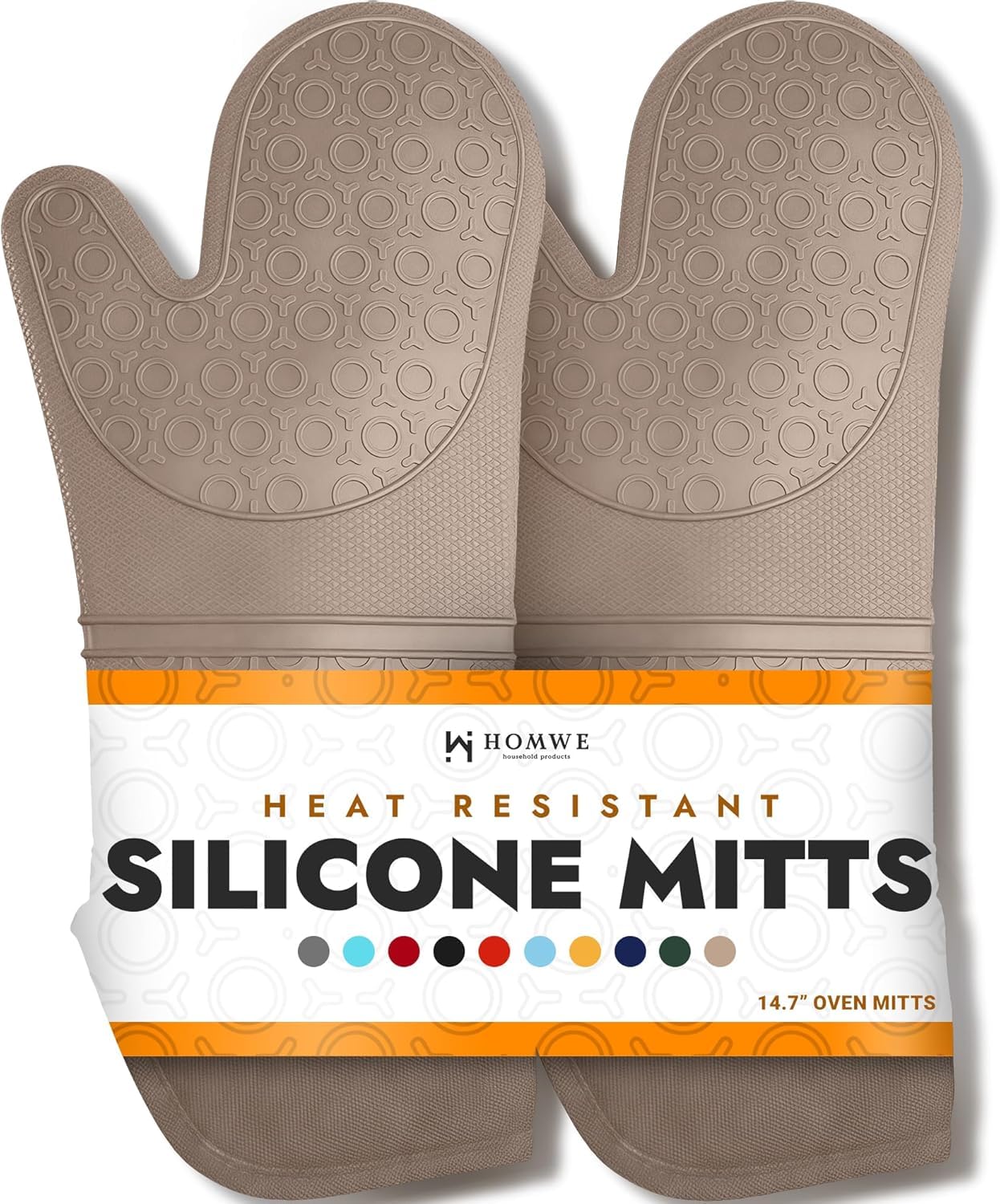 HOMWE - Manopla de horno de silicona profesional extralarga, guantes de horno con forro acolchado, resistentes al calor, guantes flexibles para horno, beige, 1 par, 14.7 pulgadas
