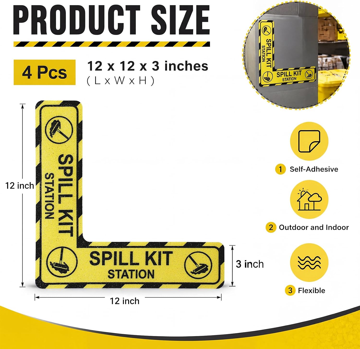 Fuyoooo 4 Pcs Spill Kit Station Floor Signs- 12" x 12" x 3" Spill Kit Station Floor Sticker Industrial Grade Vinyl Self-Adhesive Weatherproof for Factory Warehouse Workplace