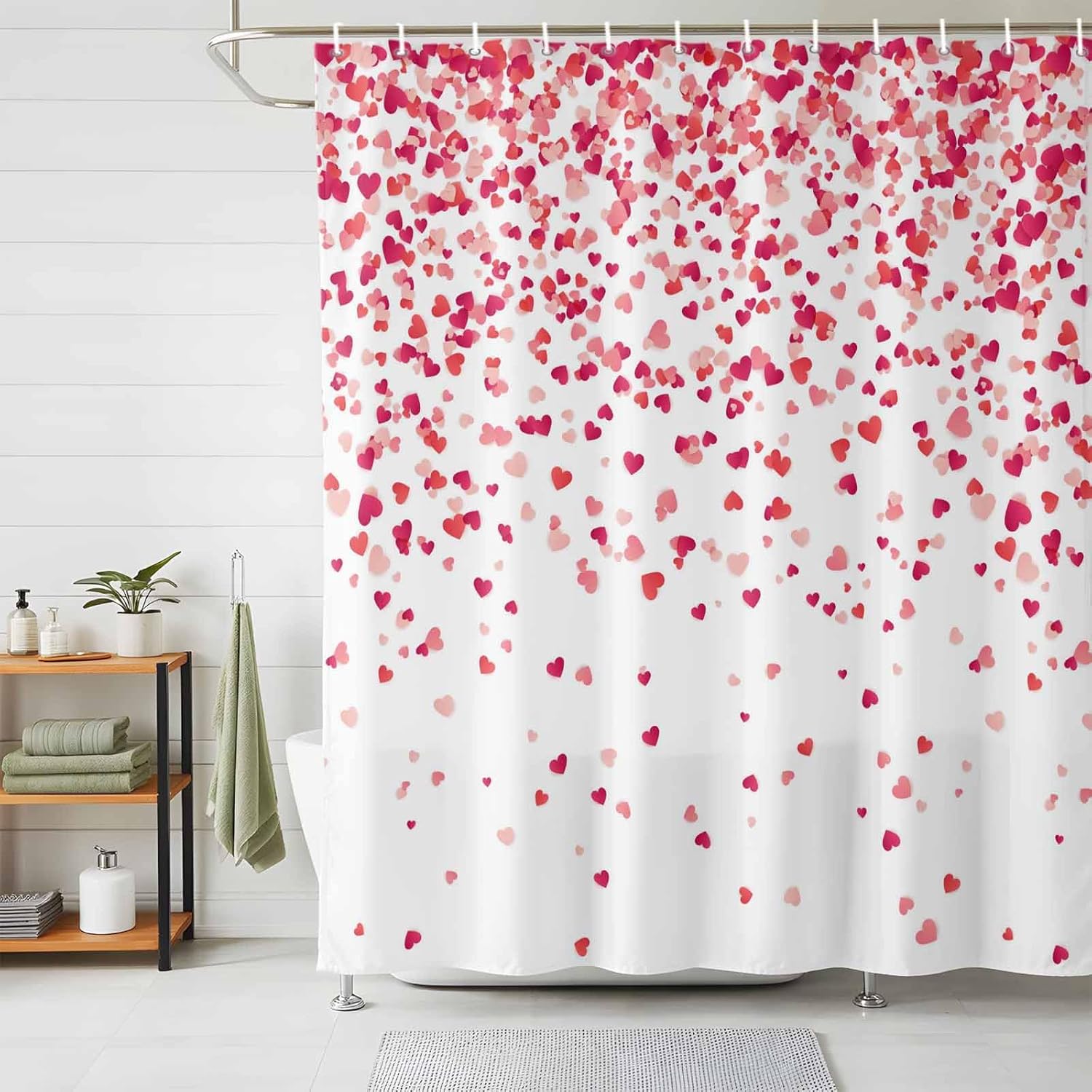 LooPoP Valentines Day Shower Curtain Falling Red Hearts Romantic Festival Bathroom Curtains, Polyester Fabric Shower Curtain for Bathroom 12PCS Hooks 72x84