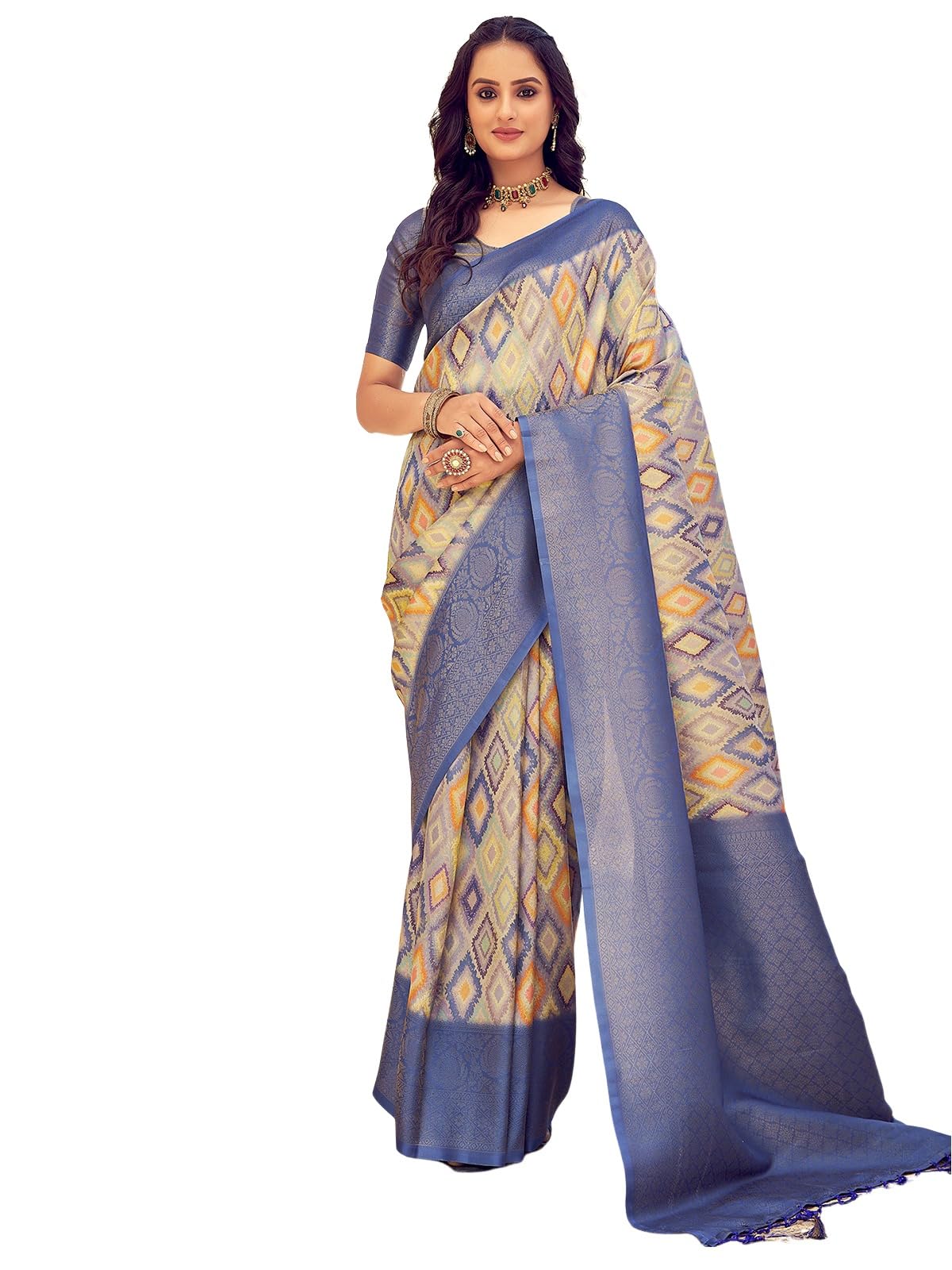 Satrani Women's Art Silk Digital Printed Jacquard Ready To Wear Saree With Unstitched Blouse Piece (6Rs107N_Blue & Multi)