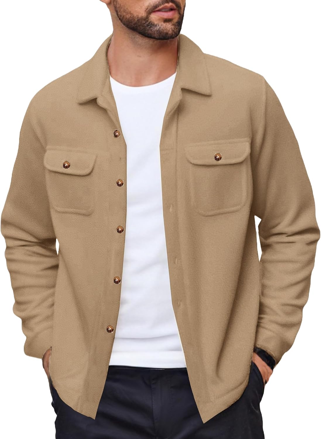 COOFANDY Men's Polar Fleece Shacket Long Sleeve Casual Button Down Shirt Jacket with Pockets