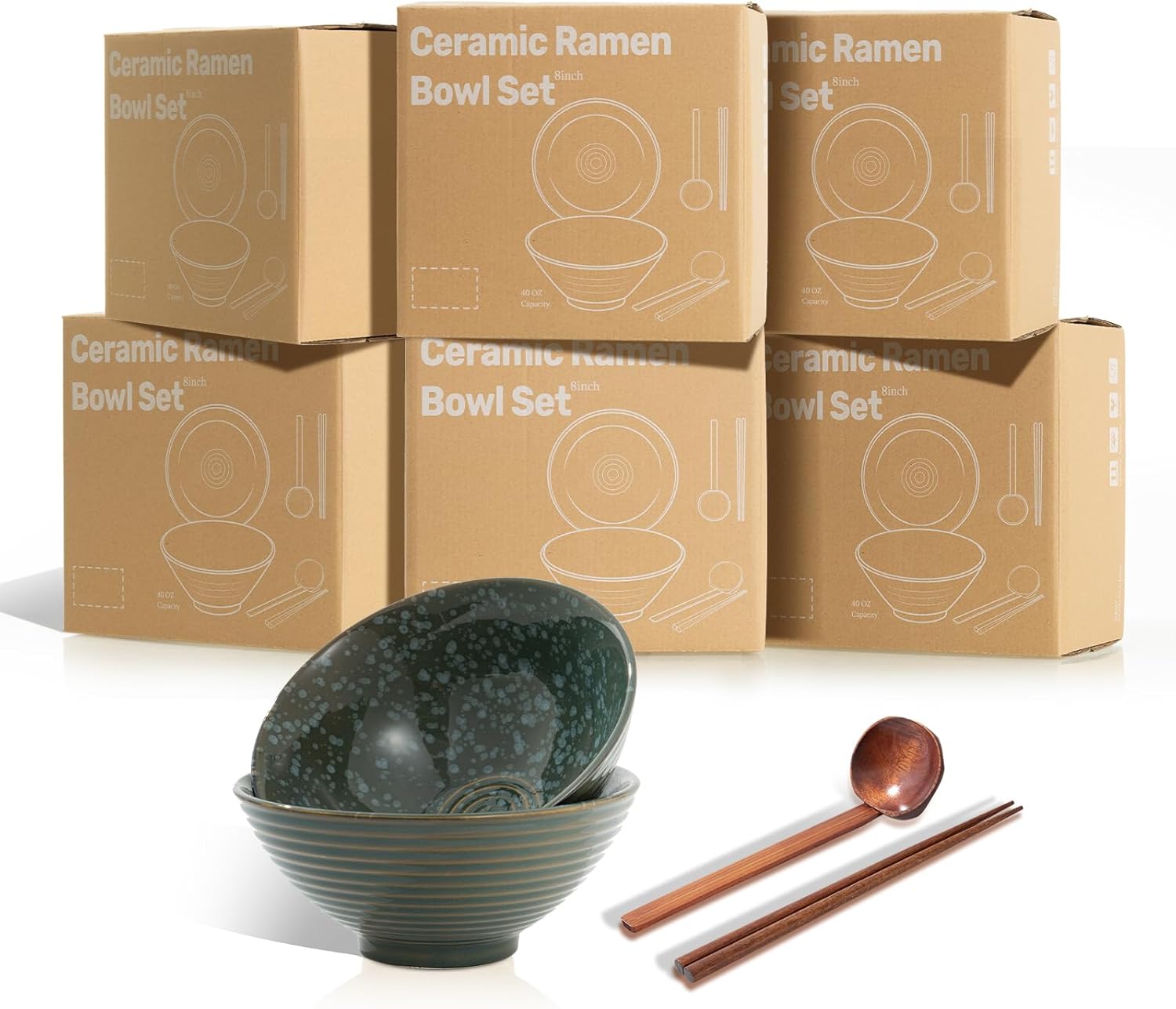 8 Inch Ceramic Ramen Bowl Set of 2, 40oz Japanese Bowls with Spoons & Chopsticks,Durable,Microwave & Dishwasher Safe,Perfect for Ramen,Pho,Salad,Soup,Noodles，Mixing bowls（Jade Green） - Image 7