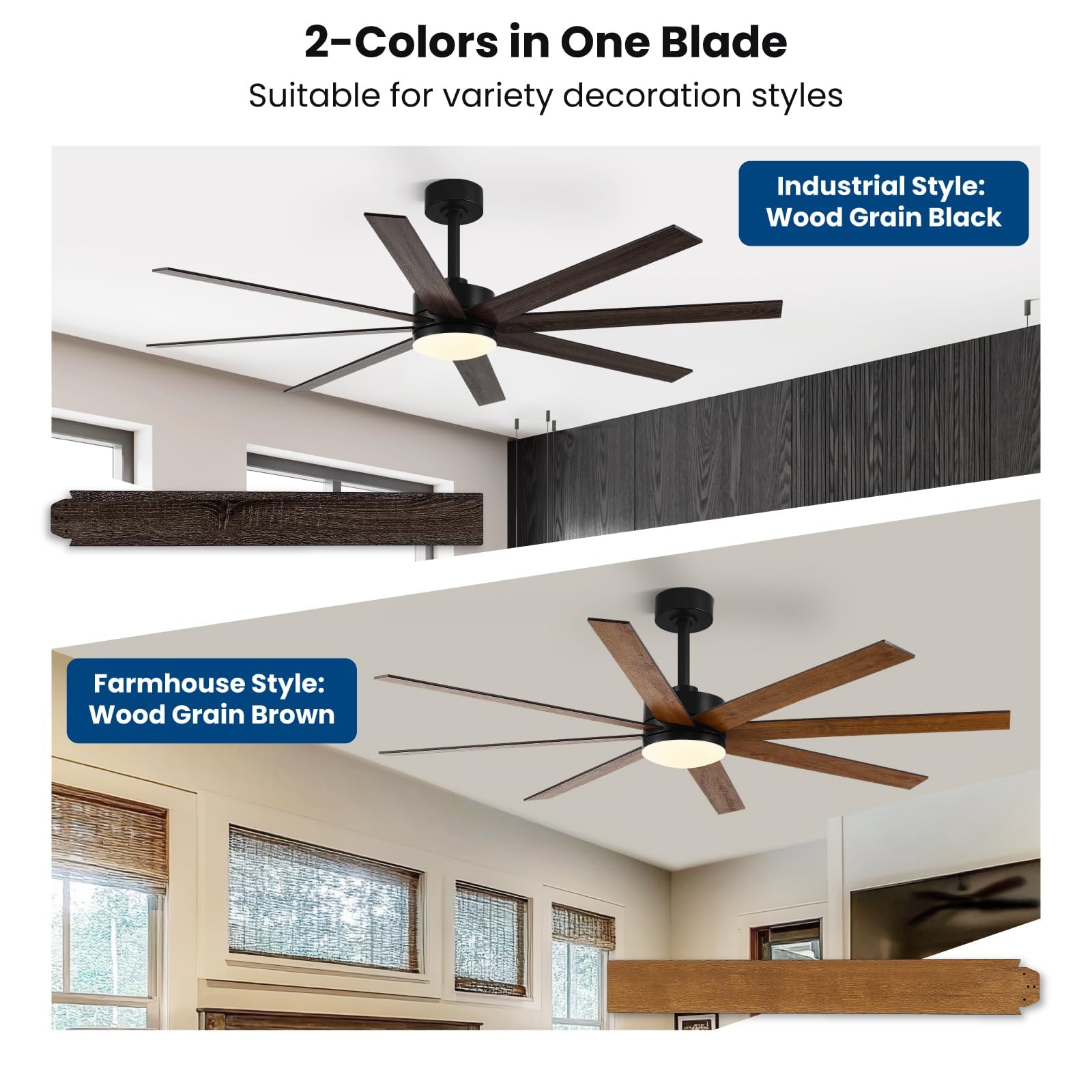 72 Inch Ceiling Fans with Lights Remote Control Dual-Color 8 Blades 24W 3CCT 6-Speed Reversible Quiet DC Motor — view 2