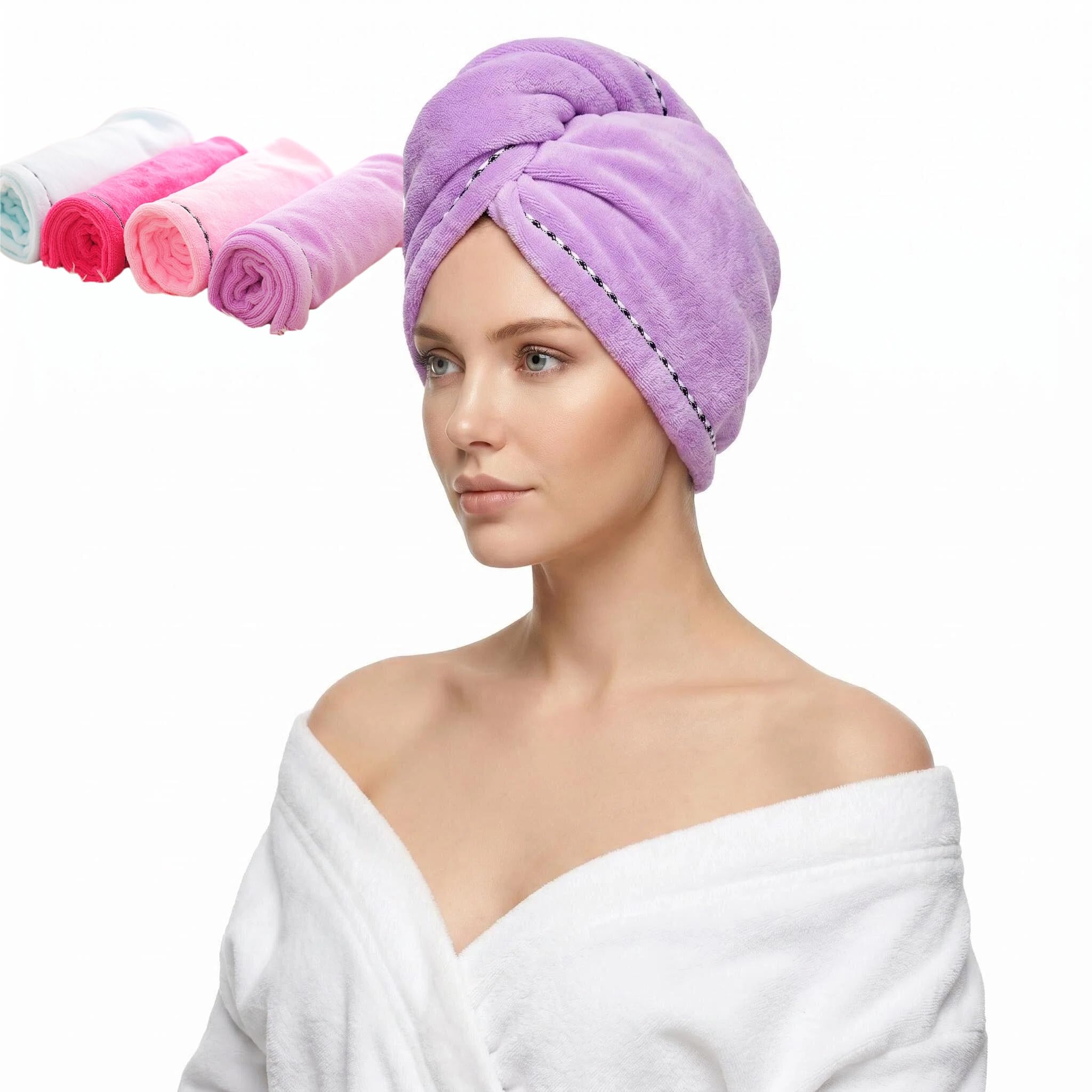 CAIHONG ręcznik do włosów turban z mikrofibry 4 opakowanie, super chłonny ręcznik do włosów turban z guzikiem do szybkiego suszenia włosów
