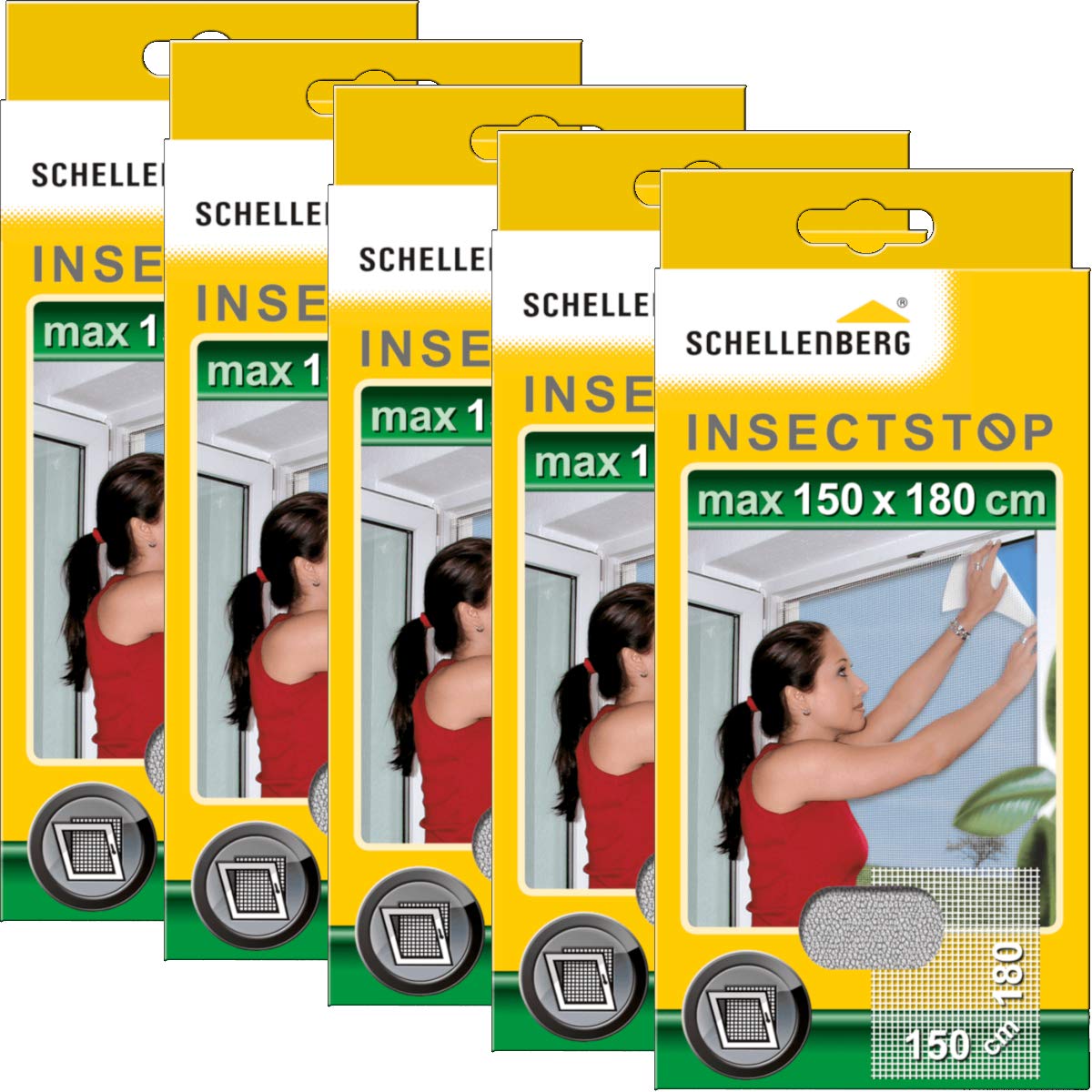 Schellenberg 5er Spar Pack Fliegengitter für Fenster 150 x 180 cm weiß, einfache Montage ohne Bohren, inklusive Befestigungsband