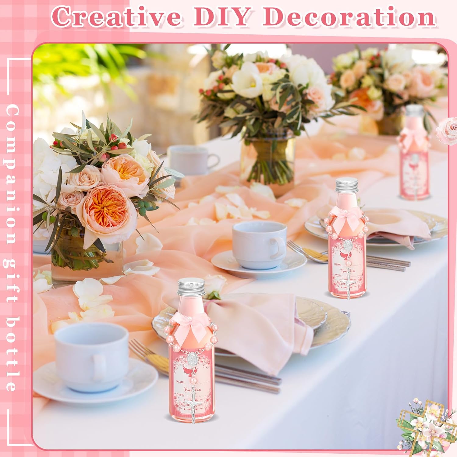 24 Sets Catholic Holy Water Bottle Baptism Rosary Set Baptism Favors 1.7oz Christian Water Container Empty Glass Holy Water Bottle for Easter Party Church Wedding Table Newborn (Pink)