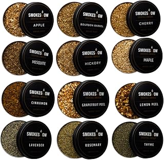 Wood Chips for Cocktail Smoker 4 oz tins. Apple, Hickory, Cherry, Bourbon Soaked Oak, Maple, Mesquite, Cinnamon, Thyme, Rosemary, Lemon Peel, Grapefruit Peel and Lavender (All 12 Flavors)