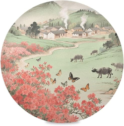 Miniatura 1 de Chinese Style Green Field Red Flower Round Outdoor placemats Dinner Reusable placemat manteles redondos para mesa 15.4x15.4in Set of 6