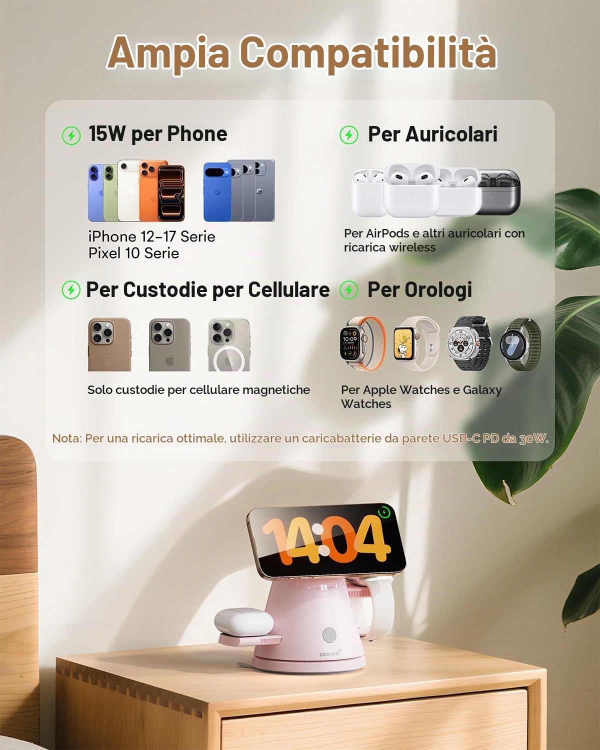 ZEEHOO Stazione di ricarica wireless 4 in 1 per Apple, caricabatterie magnetico e luce dimmerabile, caricabatterie wireless da15W per iPhone17,16,15,14,13, iWatch, Samsung Galaxy Watch
