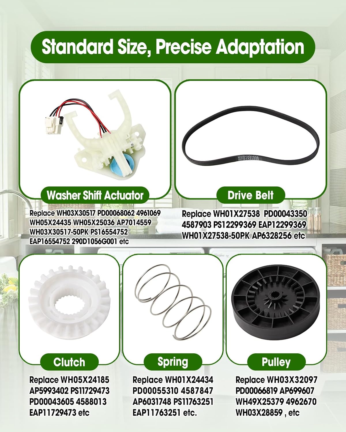 Washer Shift Actuator with Drive Belt & Clutch & Spring & Transmission Drive Pulley And Nut Replace WH03X30517 WH01X27538 WH05X24185 WH01X24434 WH03X32097 Fit for GE Hotpoint Washing Machine, 5 Pcs