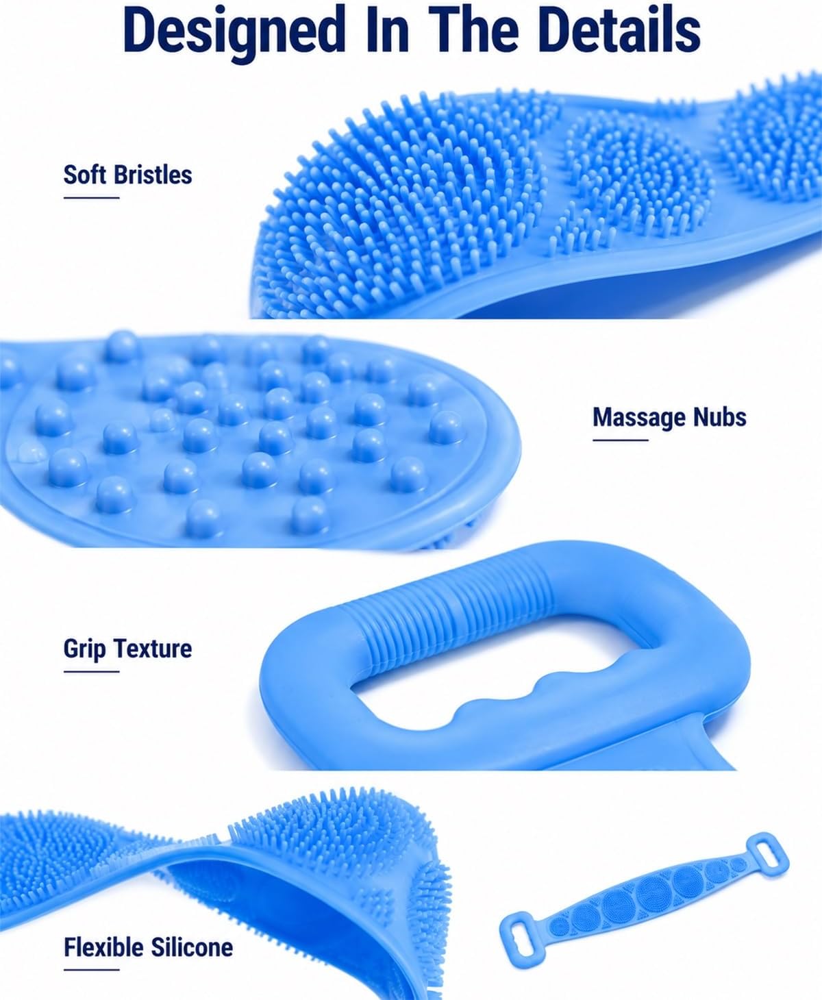 Silicone Bath Brush Double-Sided Exfoliating Back Scrubber with Straps