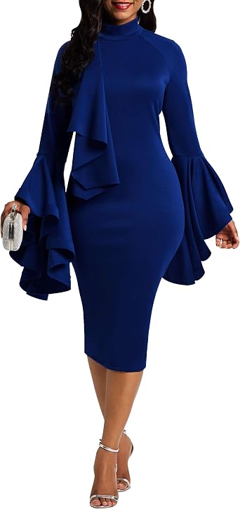 VERWIN Flare Long Sleeve Falbala Womens Bodycon Dress Sheath Dress Ruffle Party Dress