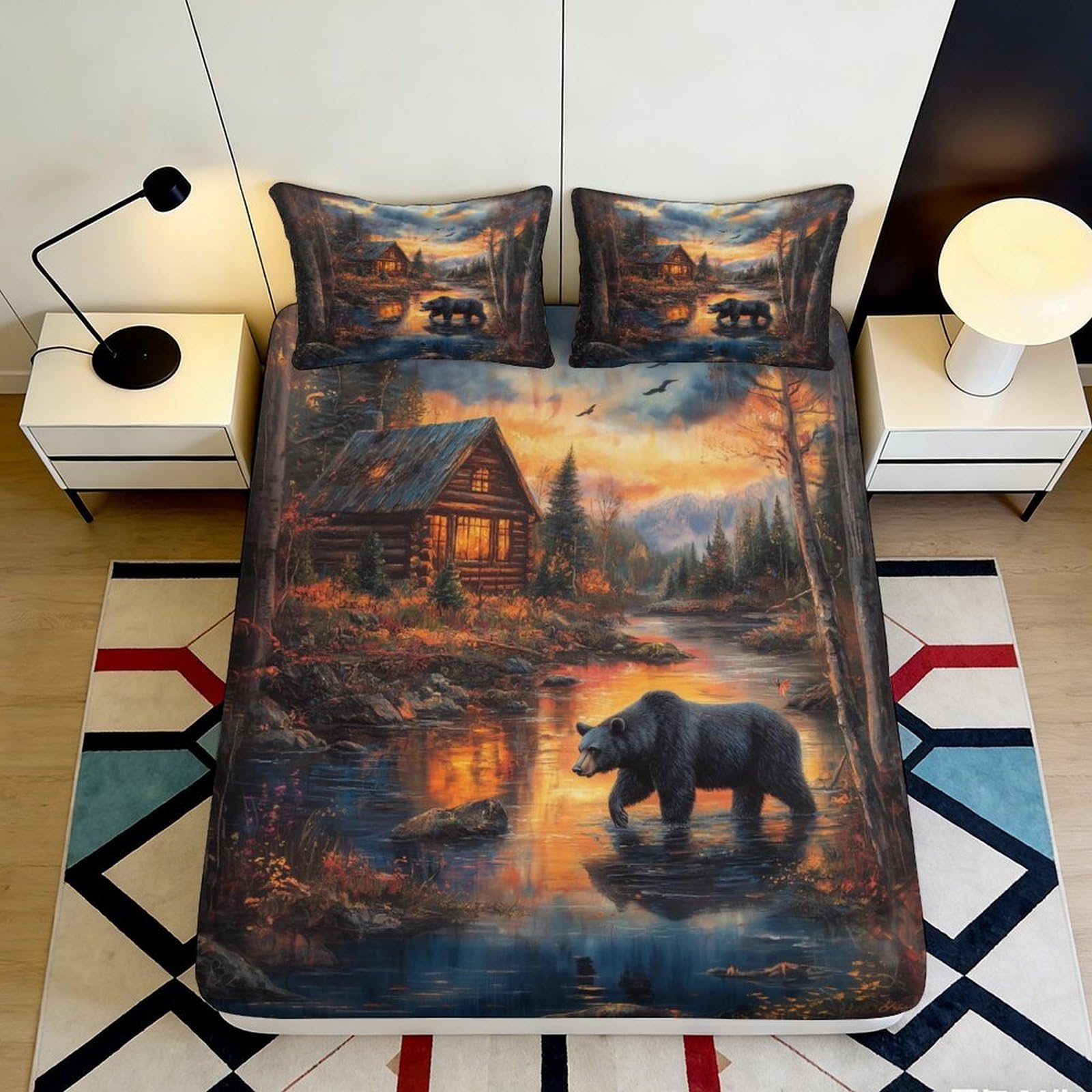 3D Printed Forest Cabin Fitted Sheet Microfiber Bear Lake Bed Cover for Bedroom Guest Room Decorative Protection 90x200x25cm