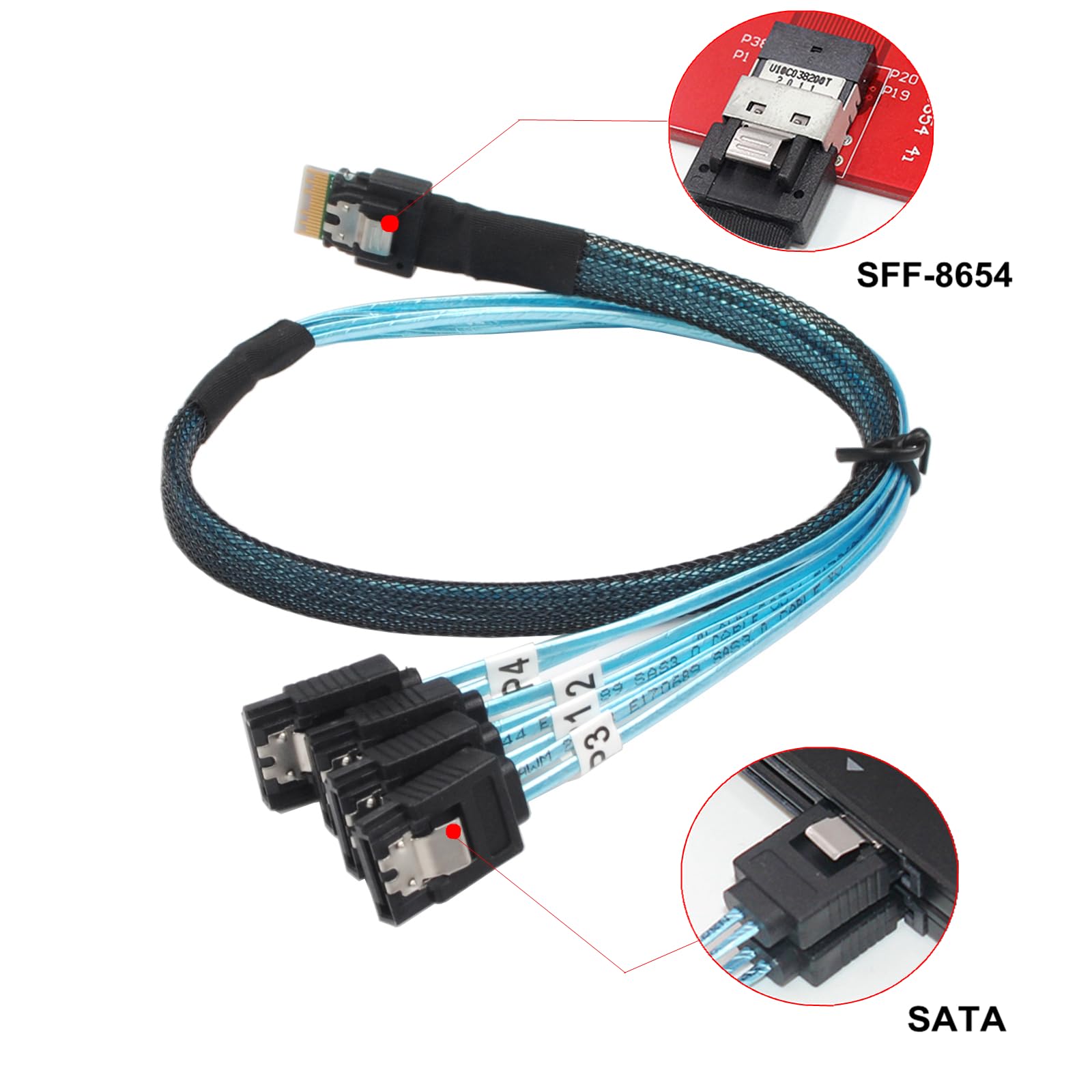 Internal Mini SAS to SATA Cable, SFF-8654 to SATA Cable, 12Gbps Connecting Line, Multi-Lane Mini SAS Host Internal Cable for Server, 1.6FT, 2PACK