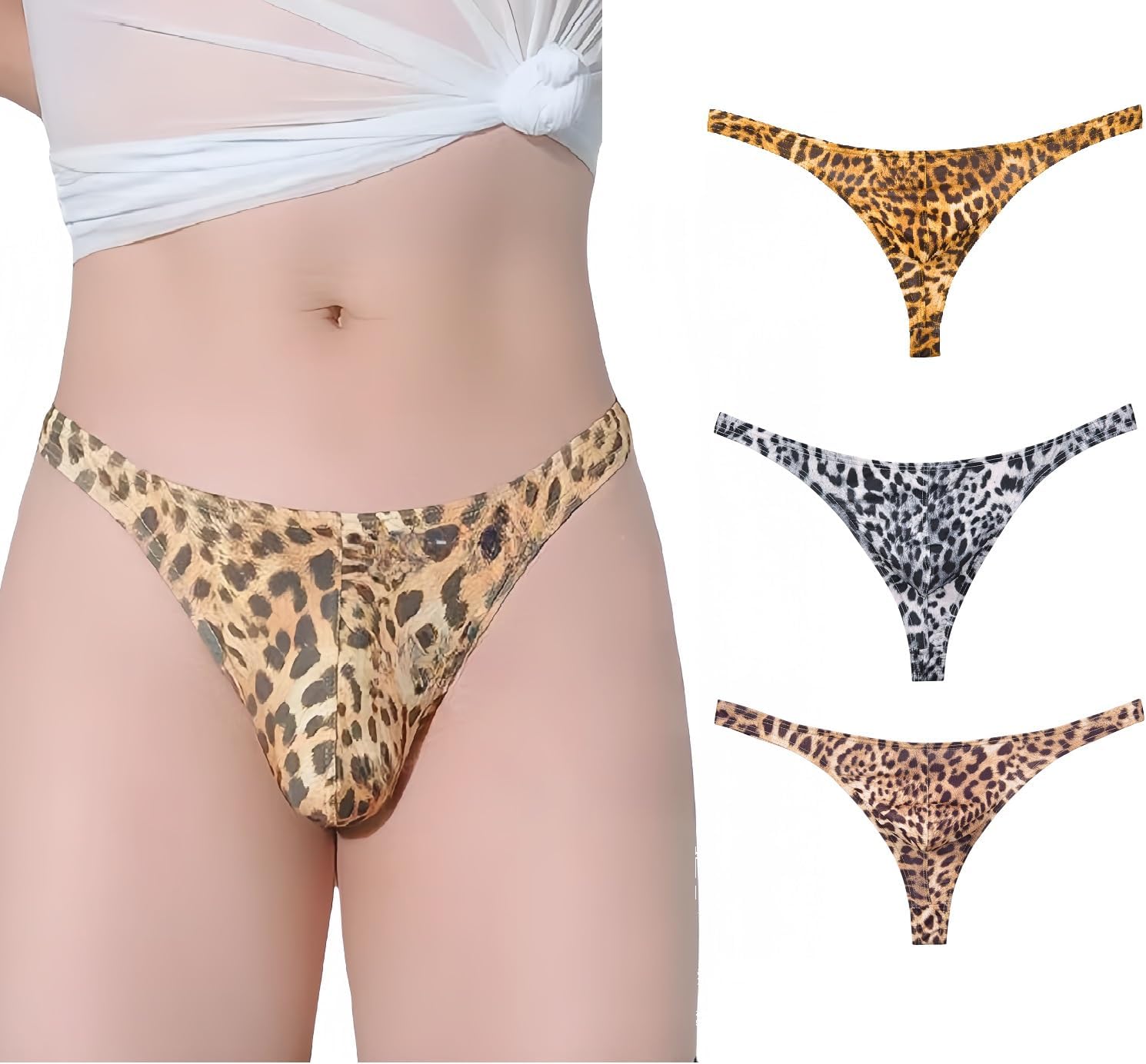 Men's Leopard Print Thong U Drum Bag Sexy Gold/Black/Skin 3 Pack