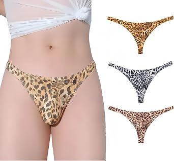 Mens Leopard Print Thong U Drum Bag Sexy Gold/Black/Skin 3 Pack