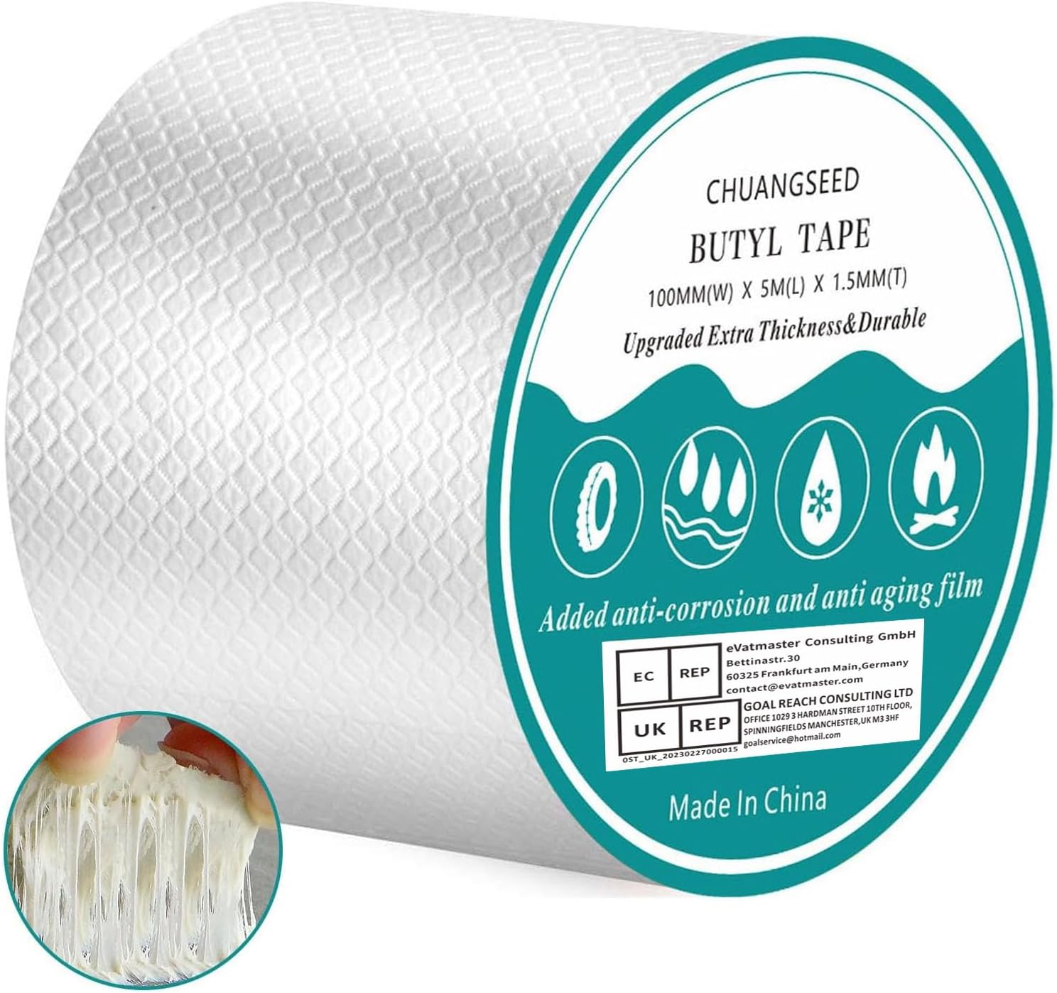 CHUANGSEED Butyl tape 1.5mm x 10cm x 5m RV Rubber Roof Flashing Tape for leaks sealant Leak Proof Butyl Seal Strip, Repair for Boat, Roof, tent repair Butyl Waterproof Tape