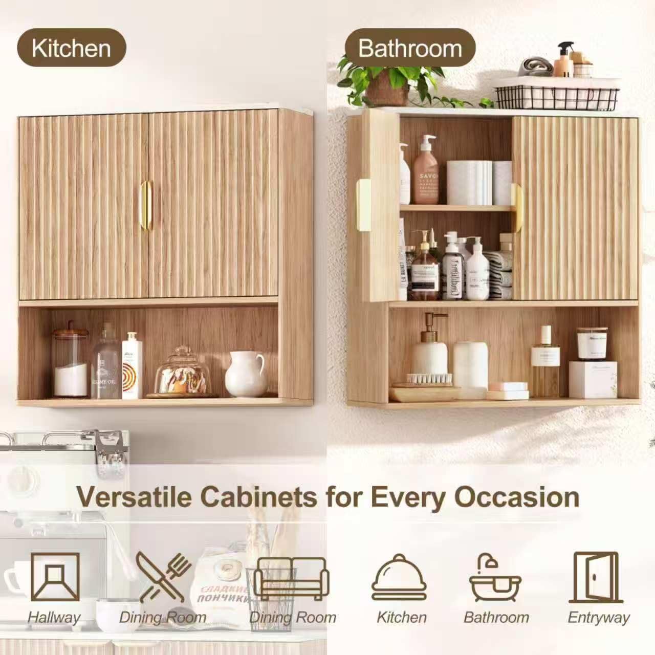 Bathroom Wall Cabinet, Wall Mounted Storage Cabinet with Fluted Doors & Adjustable Shelf, Medicine Cabinet Over the Toilet Storage for Bathroom & Laundry Room & Kitchen, Natural Wood Finish
