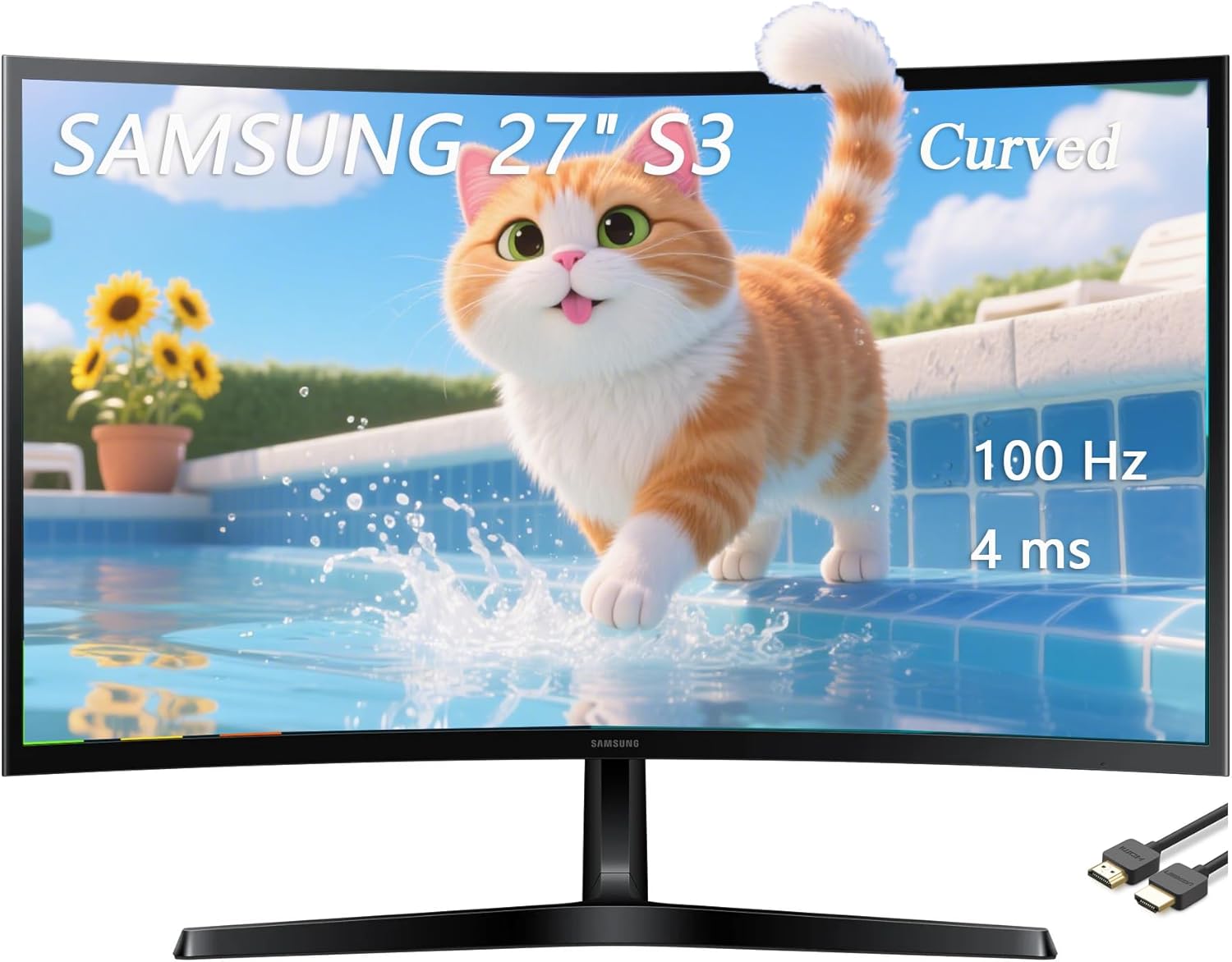 Samsung 27" Essential S3 Series LED Curved Monitor, FHD 1800R, Game Mode, Dual Ports, Eye Comfort, 100Hz, Black, with GSF HDMI Cable