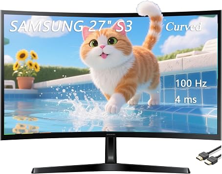 Samsung 27" Essential S3 Series LED Curved Monitor, FHD 1800R, Game Mode, Dual Ports, Eye Comfort, 100Hz, Black, with GSF HDMI Cable