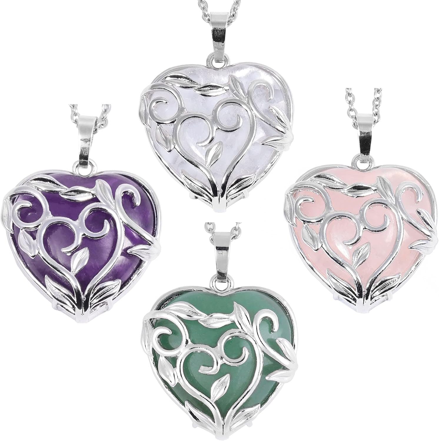 SUNYIK 4pcs Flower Leaf Wrapped Love Heart Stone Pendant Necklace for Women, Healing Stone Crystal Heart Necklace for Couple