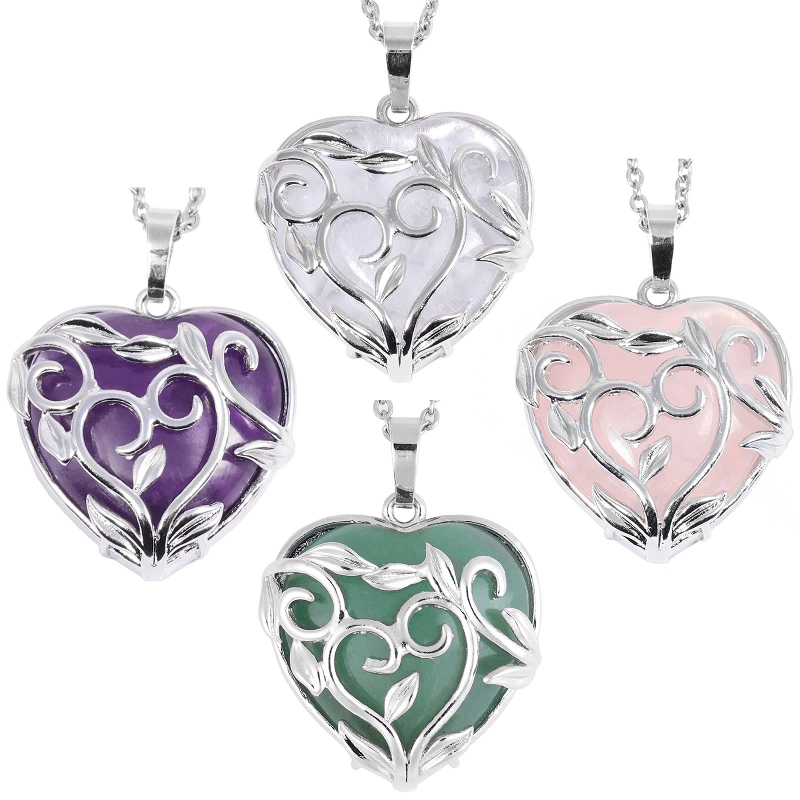 SUNYIK 4pcs Flower Leaf Wrapped Love Heart Stone Pendant Necklace for Women, Healing Stone Crystal Heart Necklace for Couple, Stone, amethyst/rose quartz/rock quartz/green aventurine