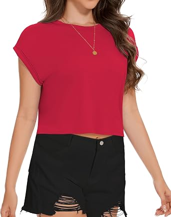 Womens Crop Tops Summer Roll Cap Sleeve Cropped Tshirt Loose Fit Basic Tees