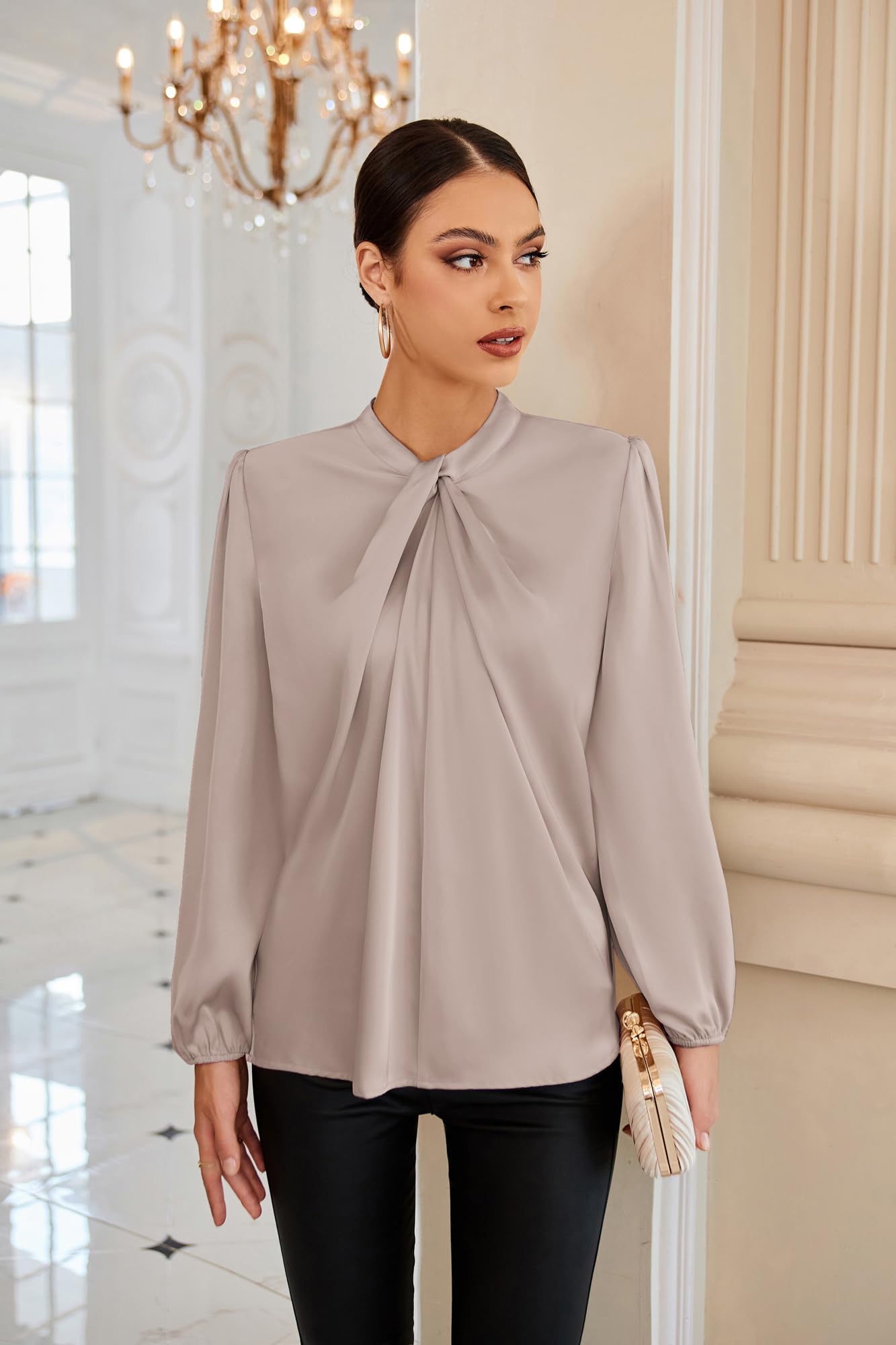 GRACE KARIN Blusa Elegante Donna Maniche Lunghe Tinta Unita con Bottoni Scollo a V da Ufficio Casual