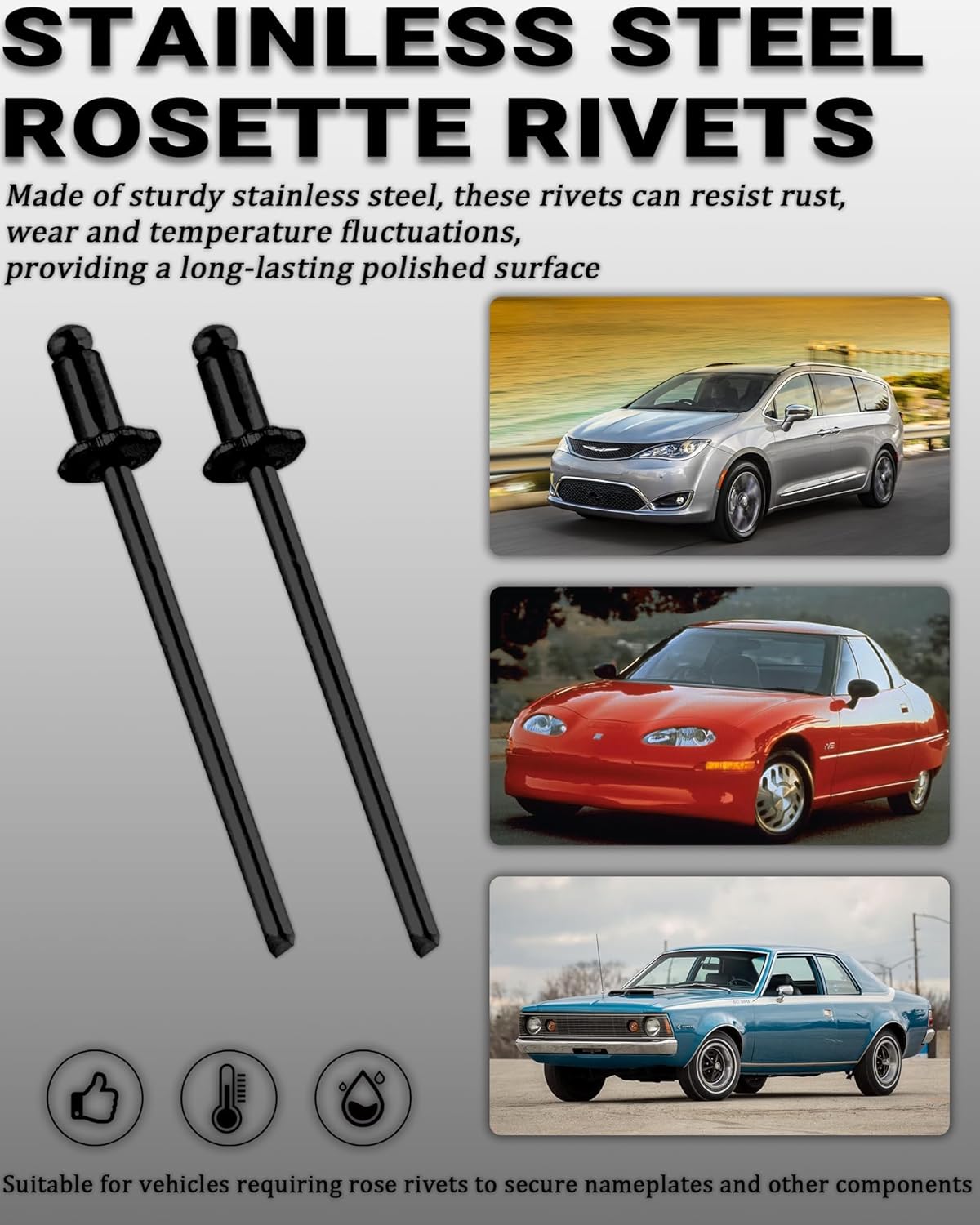 8 Pcs Black Stainless Steel Rosette Rivets Replacement for GM Ford Chrysler AMC Cars VIN Door Tags Rosette Petal Shape Universal Compatibility Fixing tools