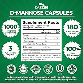 Zazzee D-Mannose, 1000 mg per Serving, 180 Vegan Capsules, 3 Month Supply, Potent & Fast-Acting, Certified Kosher, 100% Pure, All-Natural Urinary Tract Health Support, 100% Vegetarian, Non-GMO