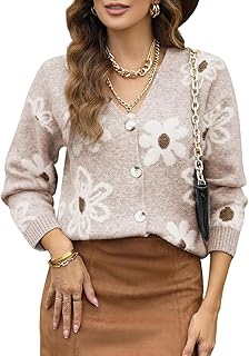 Cardigan Sweaters for Women Open Front Long Sleeve Button Down V-Neck Knit Floral Sweater