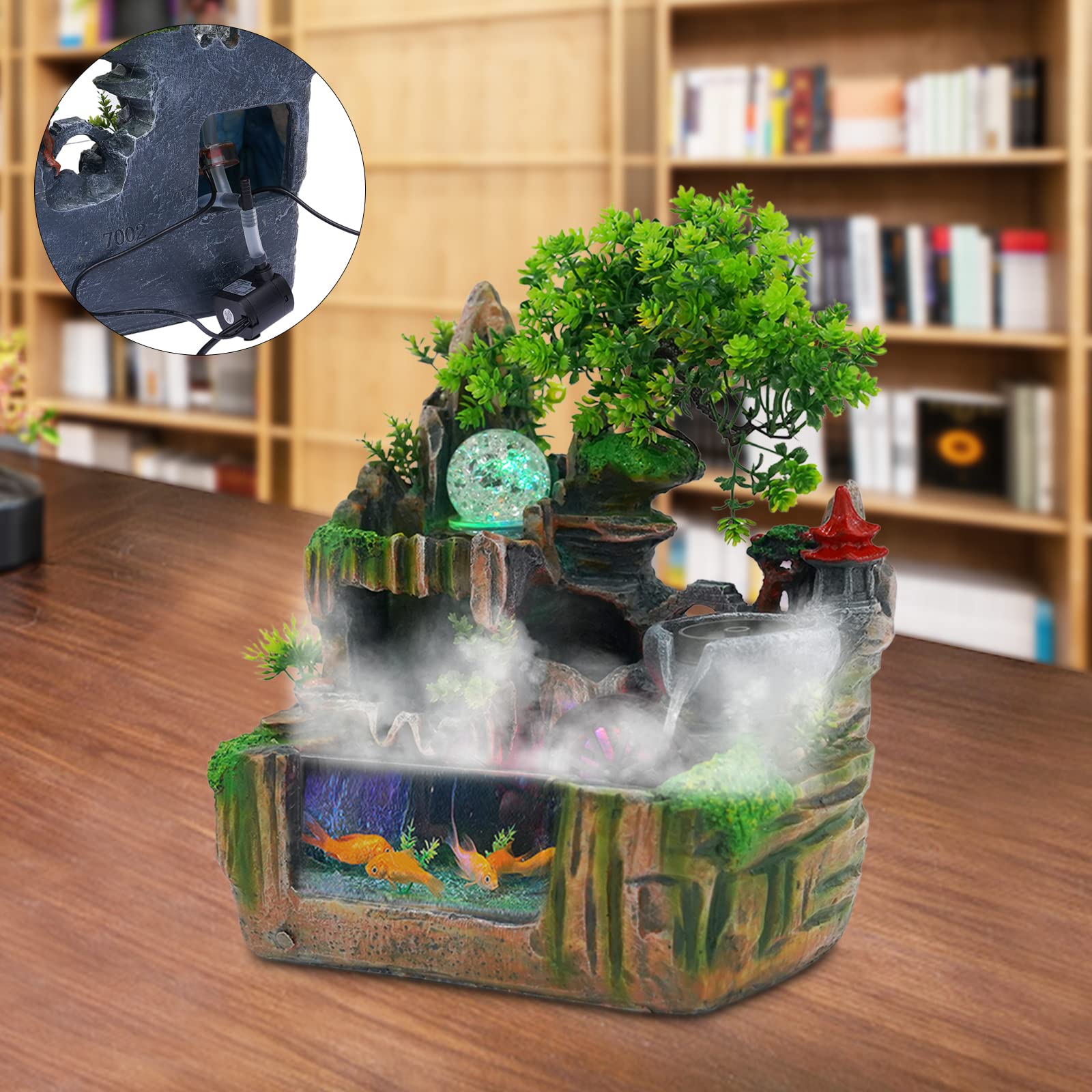 Fuente pequeña con iluminación, fuente de mesa, habitación, cascada, mini paisaje rocoso con estanque y máquina de niebla, 30 x 18 x 33 cm